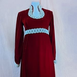 Vtg 70's Red Velvet Formal Lace Trim